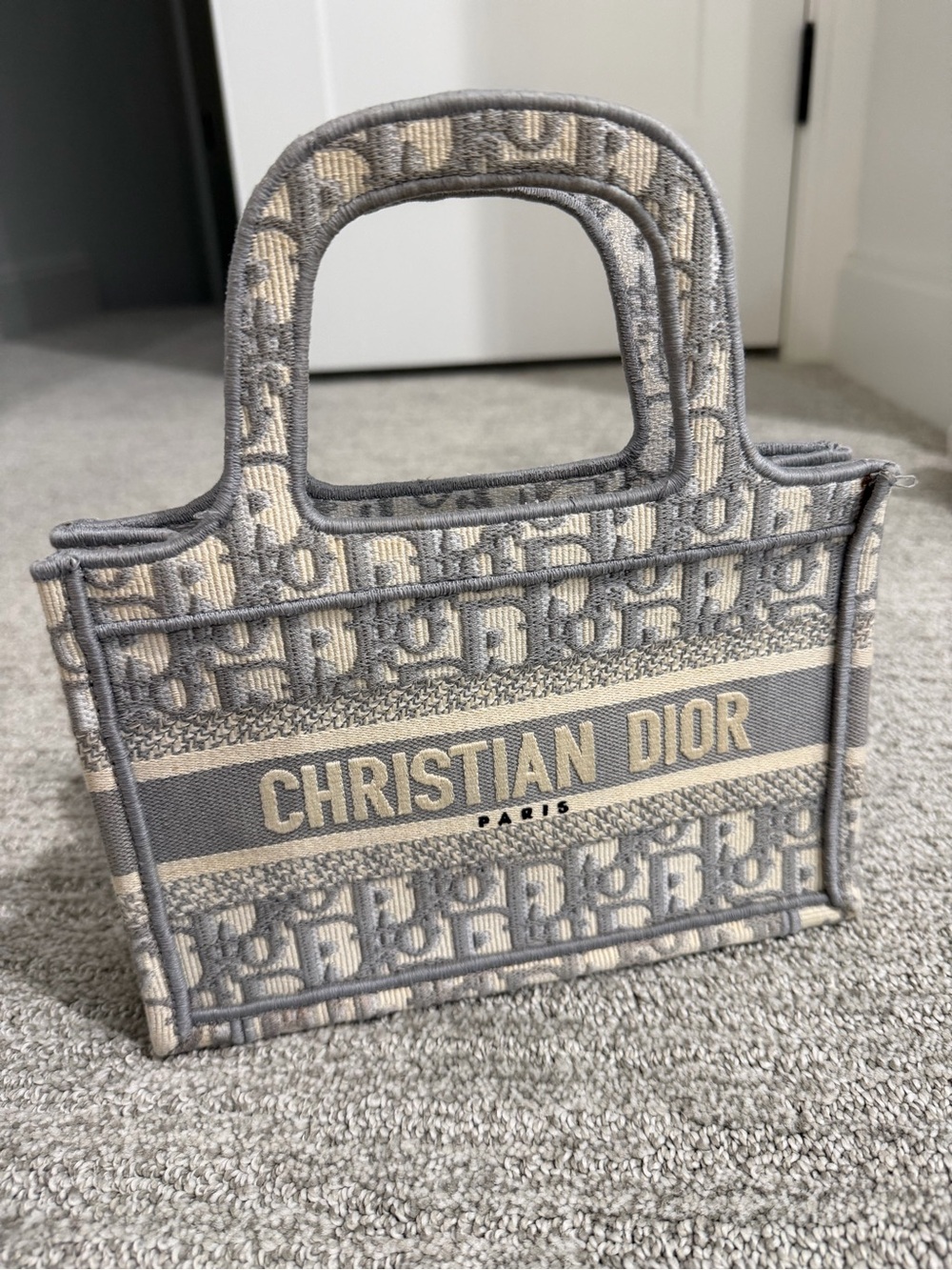 Dior Mini Book Tote in Beige and Gray Jacquard